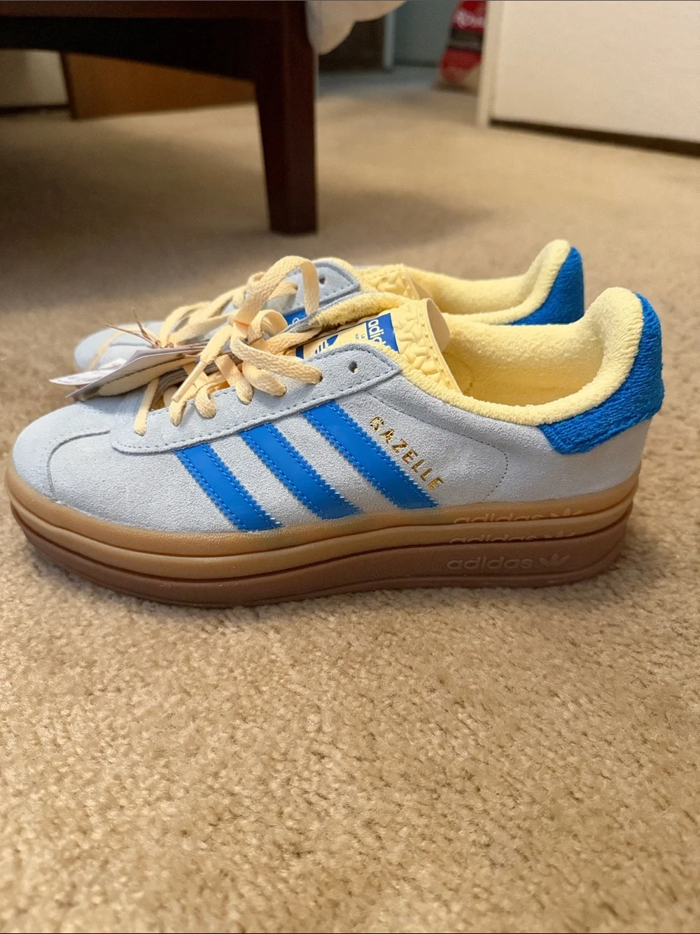 adidas women’s Gazelle Sneakers in Light Blue, Bright Blue and Yellow